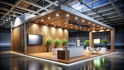 Modern, sleek exhibit booth featuring a futuristic LED lighting display, interactive digital screens, and a minimalist