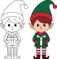 Elf Holding Gift Outline Coloring Page. Christmas and Winter Illustration