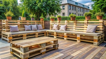 Outdoor seating made from repurposed wooden pallets , outdoor, pallet, sofa, furniture, recycled, eco-friendly, sustainable