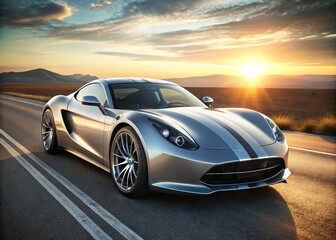 Naklejka premium Modern, sleek, silver electric sports car with a distinctive emblem on the hood, racing stripes, and forged alloy