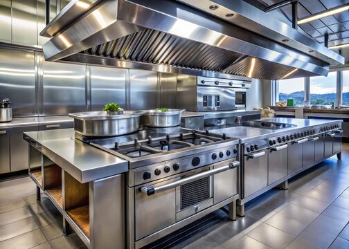 Modern stainless steel commercial kitchen range with multiple burners, griddle, and oven, situated in a sprawling