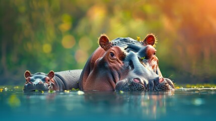 Fototapeta premium Family of Hippopotamuses in Serene Water Environment