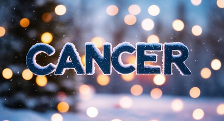 cancer lettering on winter snow holidays blurred lights bokeh background