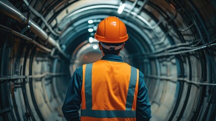 Fototapeta premium Close up of young engineer technician controlling underground tunnel infrastructure. Ai generated image