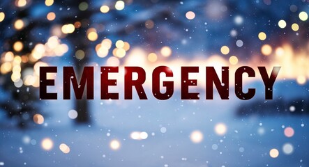 emergency lettering on winter snow holidays blurred lights bokeh background