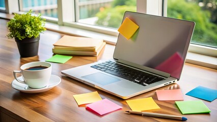 Fototapeta premium Organized workspace with laptop, notebook, and colorful sticky notes, surrounded by coffee cups and office supplies,