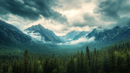 Obraz premium Majestic Mountain Clouds, a captivating view of swirling clouds over rugged peaks and a lush pine forest, evoking a sense of awe and the beauty of nature's grandeur.
