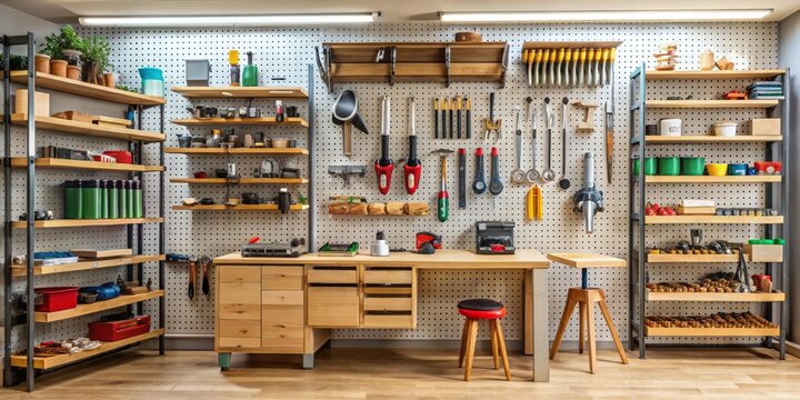 Organized modern workshop with a pegboard on the wall, holding various tools and accessories, paired with wooden