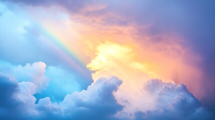 Obraz premium Dramatic Storm Clouds with Rainbow, a captivating scene of dark, brooding clouds illuminated by a faint rainbow, symbolizing contrast and a glimmer of hope amidst the tempest.