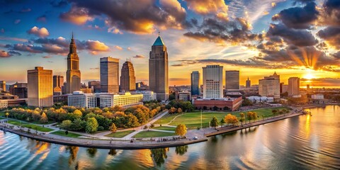 Obraz premium Panoramic view of Cleveland's vibrant downtown skyline featuring sleek skyscrapers, historic buildings, and majestic