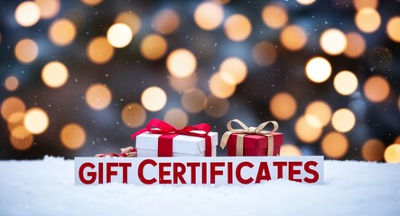 Gift certificates lettering on winter snow holidays blurred lights bokeh background