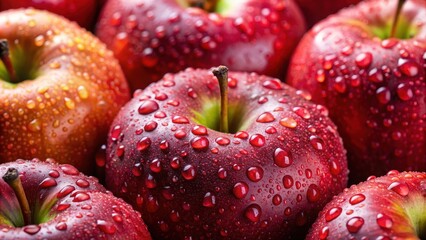 Close-up of red apples with water drops , fresh, organic, fruit, healthy, agriculture, close-up, shiny, ripe, juicy, dew