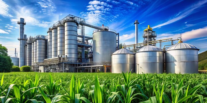 Refinery plant with massive steel storage tanks and pipes, surrounded by lush greenery, producing biofuel ethanol from