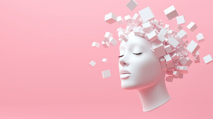 3D rendering of an abstract white female head with cubes on a pink background. Pastel colors, a minimalist concept. An AI and artificial intelligence theme. Isolated pastel light blue studio backdrop 