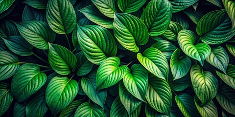 Naklejka premium Brilliant green foliage flourishes, each leaf shimmering against a deep, shadowy canvas, creating a stunning display of