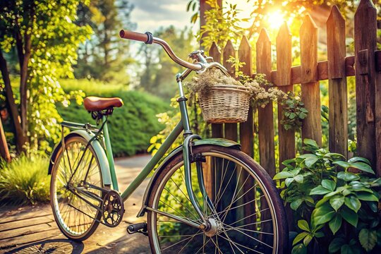 Retro-style bicycle with chrome handlebars and worn vinyl seat parked against a distressed wooden fence surrounded by