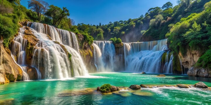 Tamul Waterfall cascading down the cliffs into the crystal clear waters of Tampaon River in Huasteca Potosina