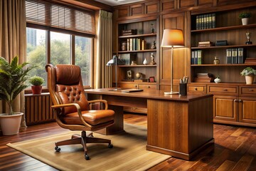 Retro wooden office furniture set featuring a sturdy desk, leather-bound chair, and matching bookshelves, evoking a