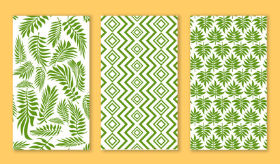 Summer foliage seamless patterns set. Repeating design element for printing on fabric. Tropical and exotic leaves and foliage. Flat vector collection