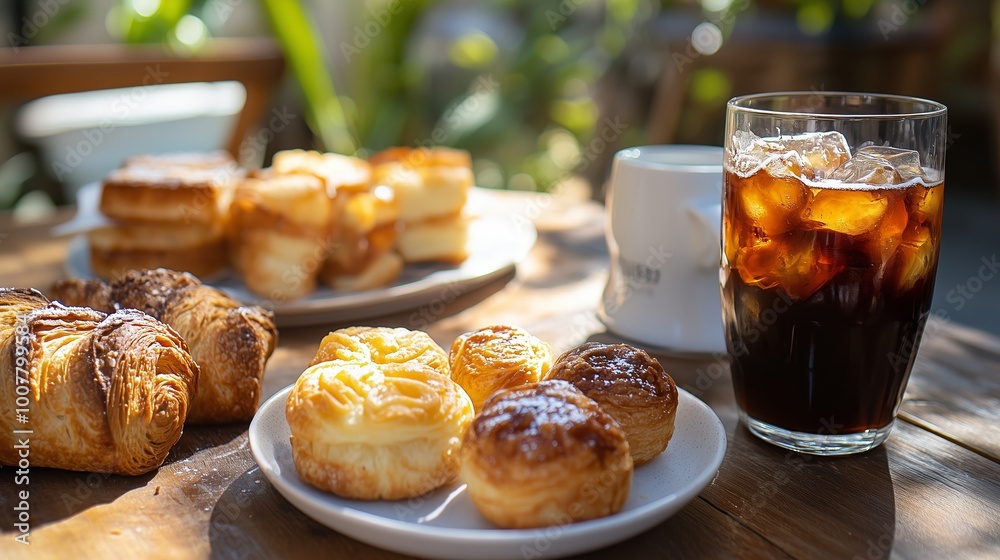 Wall mural enjoying freshly baked pastries with iced coffee at a cozy cafe in the morning sunlight