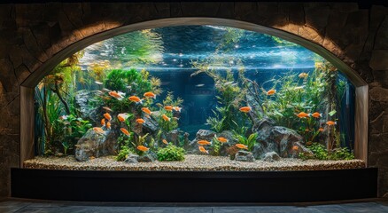 A large aquarium with fish and plants in the shape of an arch, with pebbles lying around it.