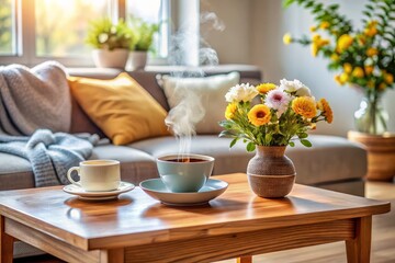 Richly polished wooden coffee table adorned with steaming cup, saucer, and vase with fresh flowers, surrounded by