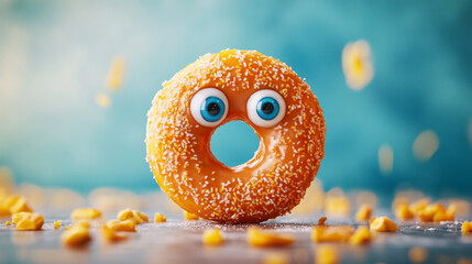 A whimsical donut with googly eyes celebrates National Fast Food Day amid a colorful background