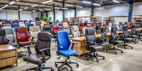 Rows of pre-owned office chairs, desks, and filing cabinets lined up for sale in a bustling second-hand furniture