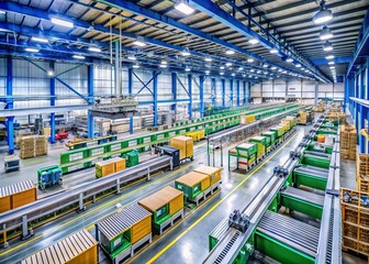 Fototapeta premium Rows of automated machinery and conveyor belts produce a vast array of consumer goods in a modern, efficient,
