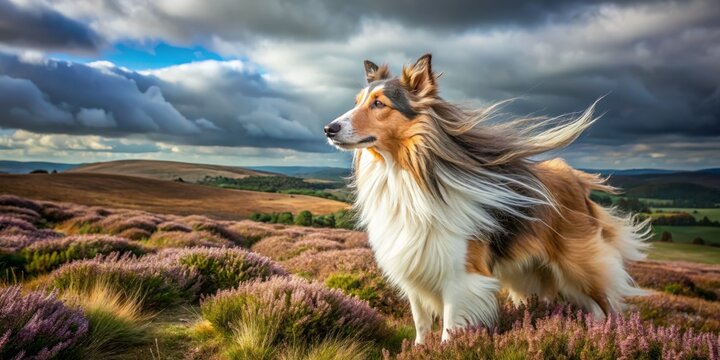 Rugged, tousled collie stands majestically on windswept moorland, wispy fur blowing in the gusty breeze, its piercing