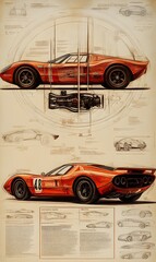 Detailed Advertising Poster of a Sleek and Powerful Sports Car with Intricate Technical Drawings