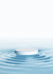 white platform podium circle blue water ocean cool sea zen liquid ripple waves concept clear white sky background. Advertising display stand product for skin care and cosmetic. 3D illustration.