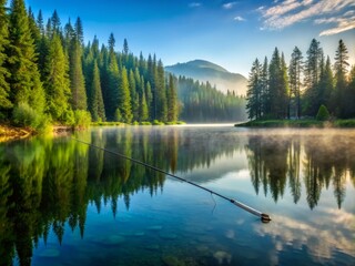 Obraz premium Serene morning scene of a tranquil lake surrounded by towering evergreen trees, with a solitary fishing rod casting