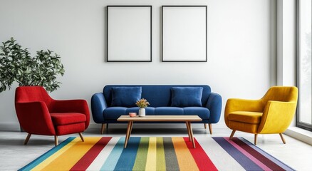 Colorful living room interior with a blue sofa, red armchair, and yellow chair near a wooden coffee table on a rainbow-striped rug against a white wall with blank picture frames.
