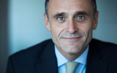 A confident business professional in a formal suit, smiling with a soft background, perfect for corporate imagery.