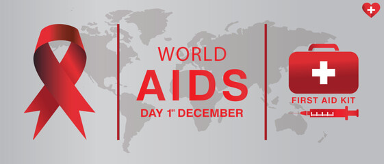 world aid day 1 December banner, template, poster, card red ribbon first kit HIV vaccine with gray background 