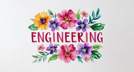 engineering word lettering with watercolor painting flowers on plain white background