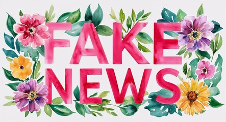 fake news word lettering with watercolor painting flowers on plain white background