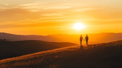 Fototapeta premium Golden Sunset Over Rolling Hills, warm hues fill the sky as silhouettes of a couple holding hands create a romantic scene against the backdrop of gentle hills.