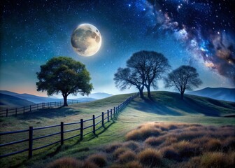 Silky darkness envelops rolling hills, wispy trees, and rustic fence posts, illuminated by a lone, radiant moon