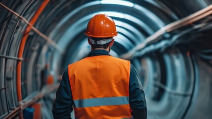 Close up of young engineer technician controlling underground tunnel infrastructure. Ai generated image