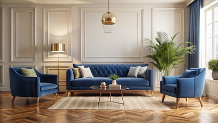 Sleek blue velvet sofa and matching armchair anchor a modern living room, surrounded by cream-colored walls, polished