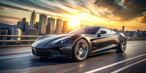 Obraz premium Sleek, high-performance vehicle with curved lines and aggressive stance, set against a blurred cityscape, evoking