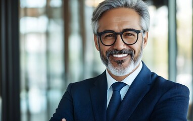 Fototapeta premium Confident businessman smiling in modern office setting, showcasing professionalism and approachability.
