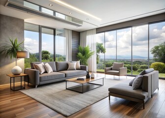 Fototapeta premium Sleek modern living room with large windows, minimal decor, and a futuristic air conditioning system, exuding a sense