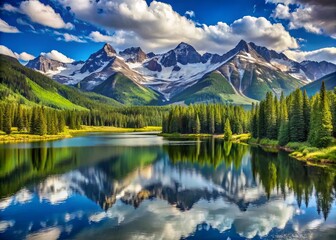 Snow-capped peaks of the Rocky Mountains tower above a serene alpine lake, surrounded by lush green forests and