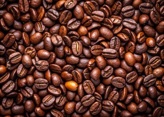 Dark roasted coffee beans provide a rustic texture background, ideal for culinary and beverage design projects,