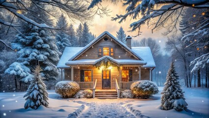 Snowflakes gently fall on a serene winter landscape featuring a cozy, snow-covered house with a rustic porch and