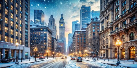 Fototapeta premium Snowflakes gently fall on frozen city streets, casting a serene silence over towering skyscrapers, bustling streets,