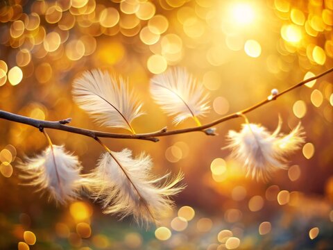 Soft, fluffy feathers gently fall from a delicate branch, creating a serene and peaceful atmosphere against a warm,